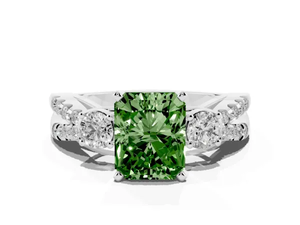 Fancy Green Radiant Cut Diamond Three-Stone Ring with Pavé Split Shank and Four-Prong Setting White gold