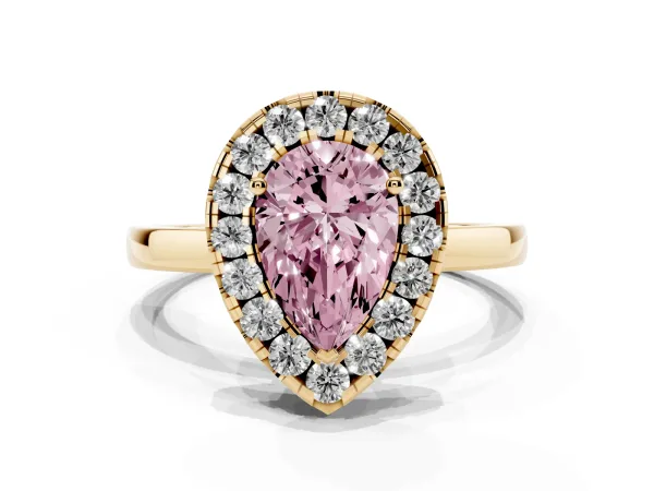 Fancy Pink Pear Cut Halo Diamond Solitaire with Pavé Band and Four-Prong Setting Yellow gold