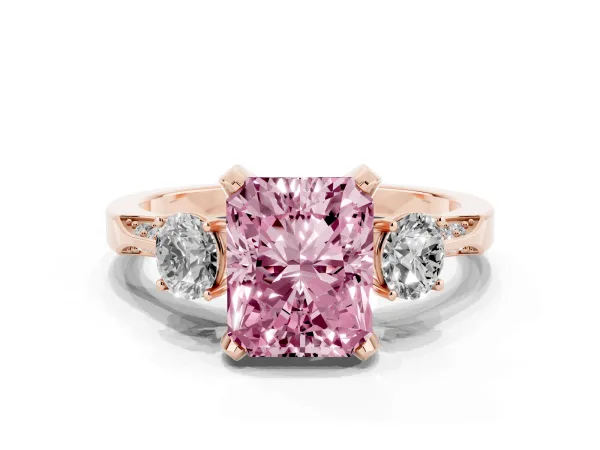 Fancy Pink Radiant Cut Brilliant Three-Stone Diamond Ring with Pavé Band and Four-Prong Setting Rose gold