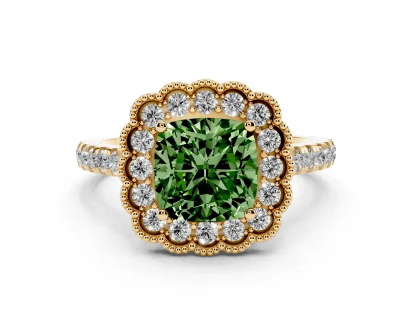 Fancy Green Cushion Cut Cut Diamond Milgrain Floral Halo Engagement Ring with Pavé Band Yellow gold