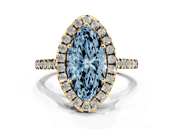 Fancy Blue Marquise Cut Diamond Cushion Halo Ring with Pavé Band Yellow gold
