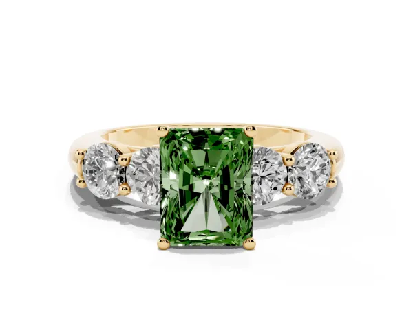 Fancy Green Radiant Cut Cut Five-Stone Prong Set Diamond Ring with Classic Band Yellow gold