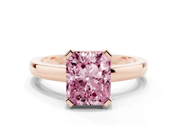 Fancy Pink Radiant Cut Cut Solitaire Ring with Four-Prong Setting and Classic Band Rose gold