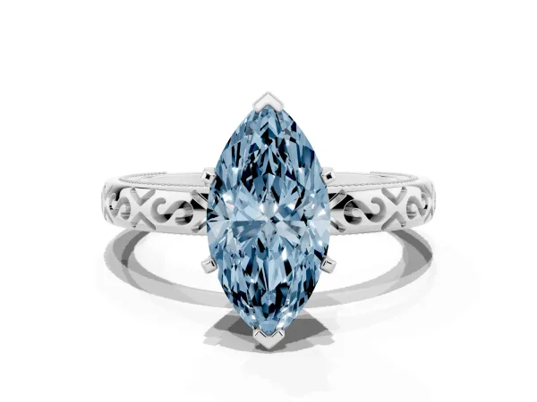 Fancy Blue Marquise Cut Solitaire Engagement Ring with Scrollwork Band and Four-Prong Setting White gold