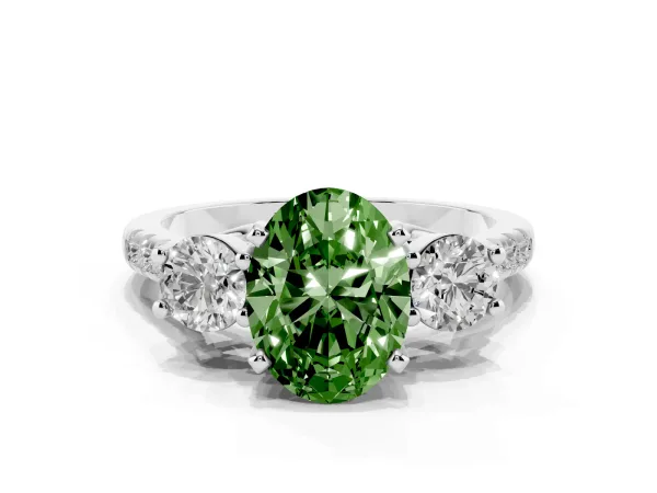Fancy Green Three-Stone Oval Cut Diamond Pavé Band with Four-Prong Setting White gold
