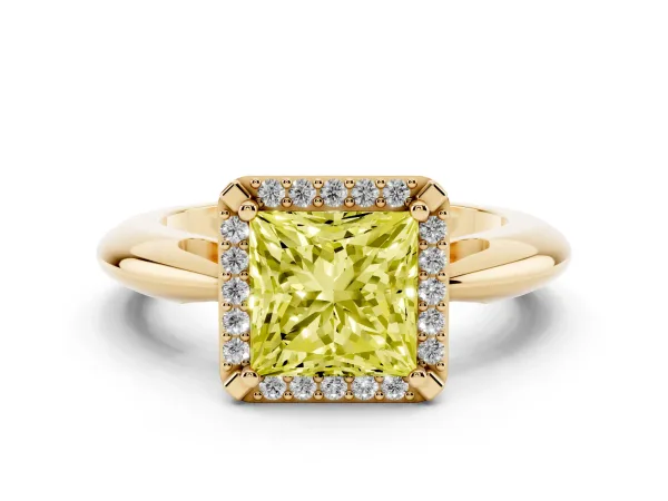 Fancy Yellow Princess Cut Cut Diamond Halo Engagement Ring with Split Shank and Four-Prong Setting Yellow gold