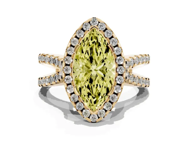 Fancy Yellow Marquise Cut Diamond Halo Ring with Split Shank Pavé Band and Prong Setting Yellow gold