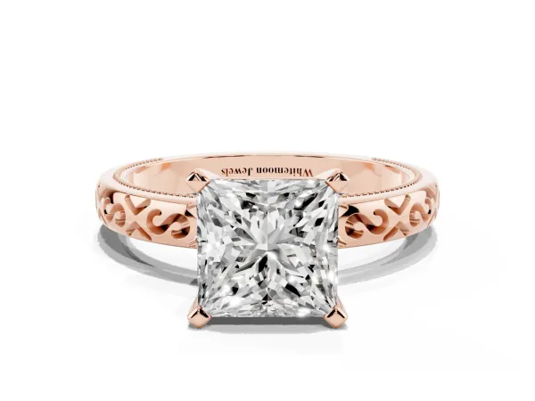 Princess Cut Solitaire Engagement Ring with Scrollwork Band and Four-Prong Setting Rose gold