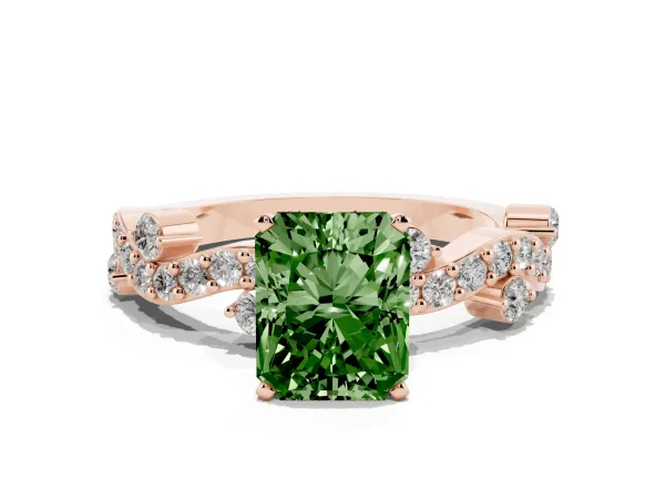 Fancy Green Radiant Cut Cut Solitaire Diamond Twisted Band with Pave Setting Rose gold