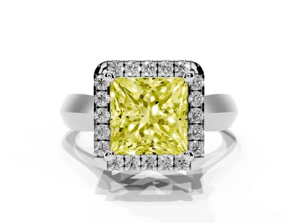 Fancy Yellow Princess Cut Cut Halo Solitaire Engagement Ring with Square Band and Four-Prong Setting White gold