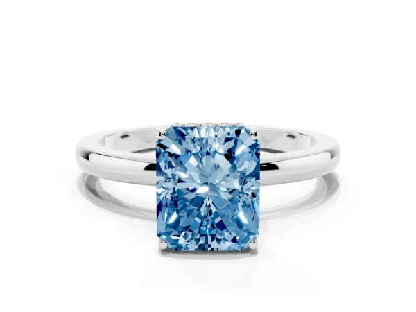 Fancy Blue Radiant Cut Solitaire Diamond Ring with Prong Setting and Plain Band Platinum