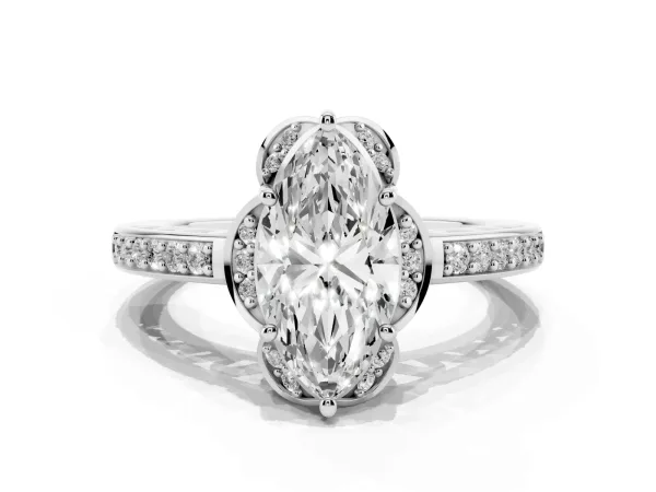 Marquise Cut Cut Halo Diamond Ring with Channel Set Band and Four-Prong Setting White gold