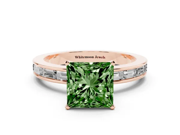 Fancy Green Princess Cut Solitaire Diamond Ring with Channel-Set Baguette Band and Four-Prong Setting Rose gold