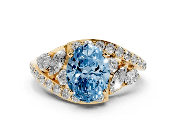 Fancy Blue Oval Cut Diamond Halo Ring with Marquise and Pavé Band in Prong Setting Yellow gold