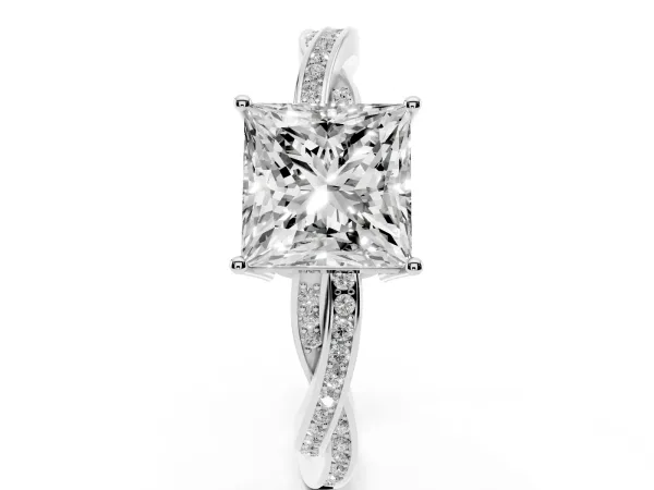 Princess Cut Solitaire Twisted Pave Diamond Ring with Four-Prong Setting White gold