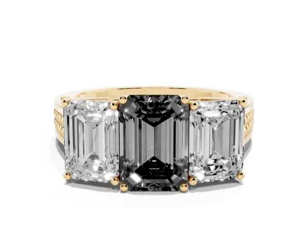 Fancy Black Emerald Cut Diamond Three-Stone Ring with Prong Setting and Textured Band Yellow gold