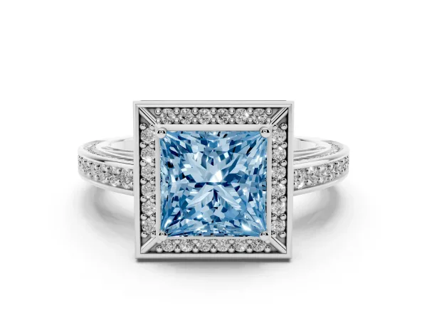 Fancy Blue Princess Cut Cut Halo Pave Split Shank Prong Setting Ring Platinum