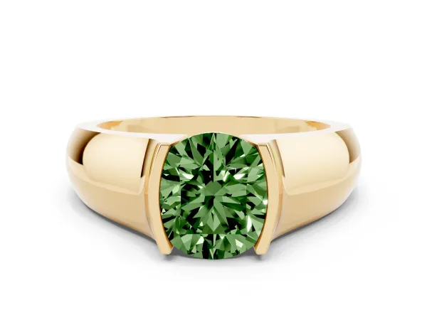Fancy Green Round Cut Solitaire Bezel Set Diamond Ring with Wide Band Yellow gold