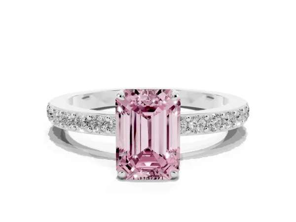 Fancy Pink Emerald Cut Diamond Solitaire Engagement Ring with Pavé Band and Four-Prong Setting Platinum