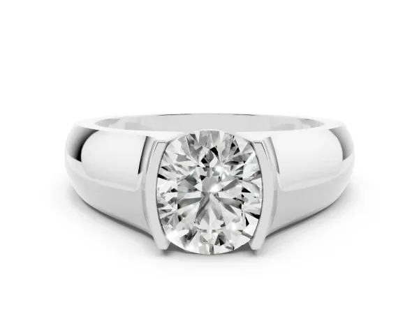 Round Cut Solitaire Bezel Set Diamond Ring with Wide Band Silver