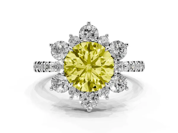 Fancy Yellow Round Cut Diamond Floral Halo Ring with Round Pavé Band and Prong Setting White gold