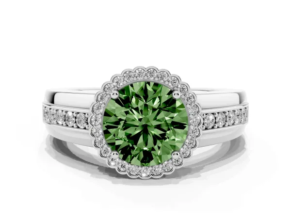 Fancy Green Round Cut Cut Halo Pave Band Four-Prong Ring Platinum