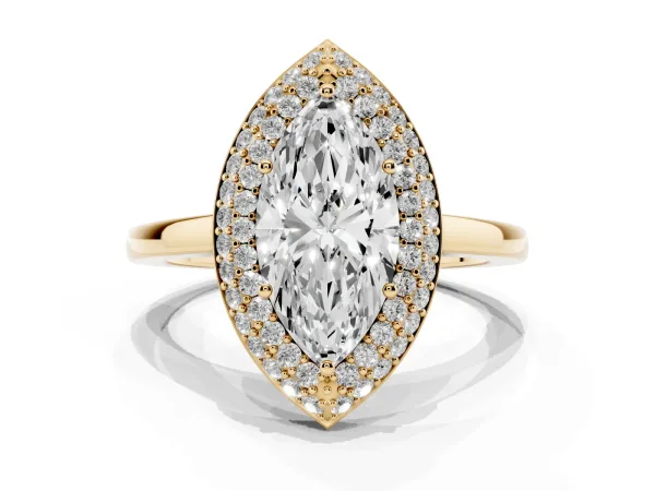 Marquise Cut Halo Diamond Engagement Ring with Solitaire Band and Four-Prong Setting Yellow gold