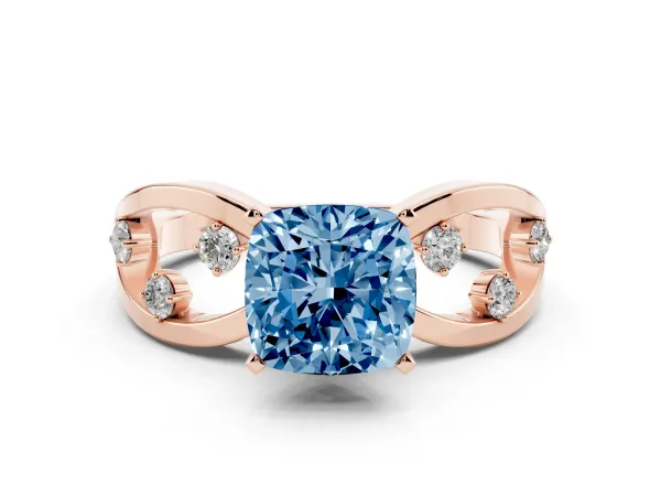 Fancy Blue Cushion Cut Cut Solitaire Diamond with Side Stones on Criss-Cross Band and Four-Prong Setting Rose gold
