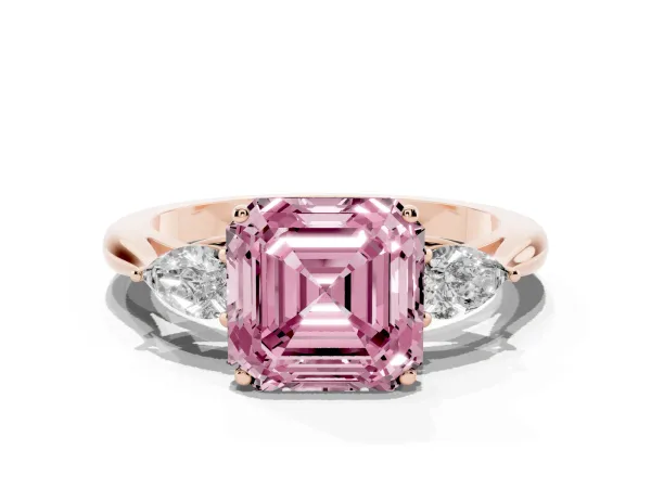 Fancy Pink Three-Stone Asscher Cut Diamond Ring with Pear Side Stones in Four-Prong Setting Rose gold