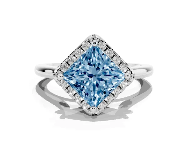 Fancy Blue Princess Cut Halo Round Diamond Solitaire Engagement Ring with Pave Band and Four-Prong Setting Platinum