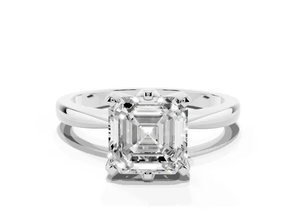 Asscher Cut Solitaire Engagement Ring with Six-Prong Setting and Tapered Band Silver