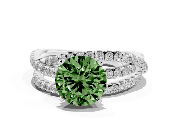 Fancy Green Round Cut Solitaire Twist Band with Pavé Setting and Four-Prong Setting Platinum