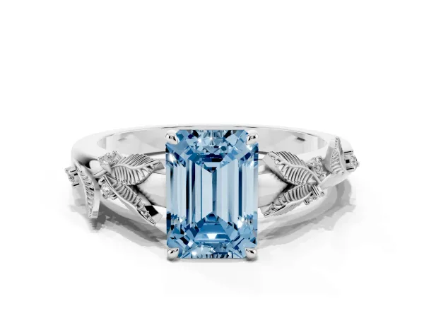 Fancy Blue Emerald Cut Diamond Solitaire Ring with Leaf Motif Band and Four-Prong Setting White gold