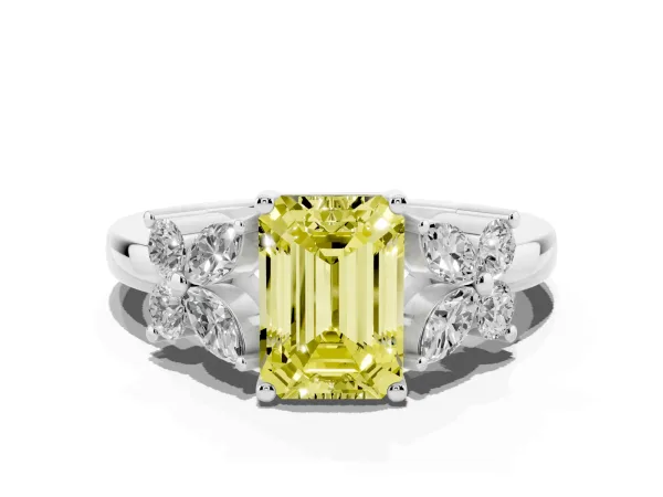 Fancy Yellow Emerald Cut Diamond Floral Cluster Ring with Solitaire Band and Prong Setting Platinum
