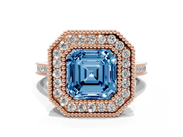 Fancy Blue Asscher Cut Diamond Halo Ring with Milgrain Frame and Pavé Band Rose gold