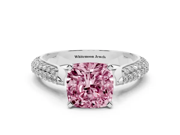 Fancy Pink Cushion Cut Diamond Solitaire Engagement Ring with Multi-Row Round Pavé Band and Prong Setting Platinum