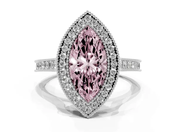 Fancy Pink Halo Marquise Cut-Cut Diamond Pave Band Milgrain Prong Setting Ring White gold