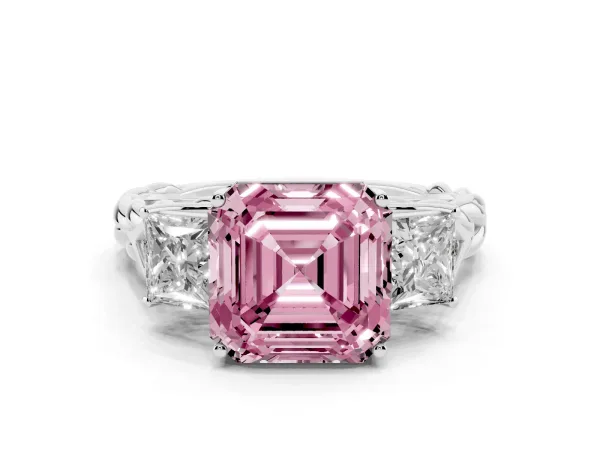Fancy Pink Three-Stone Asscher Cut Diamond Braided Band Ring with Four-Prong Setting White gold