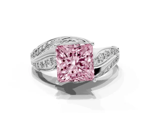 Fancy Pink Princess Cut Diamond Solitaire Ring with Prong Setting and Twisted Pavé Band Platinum