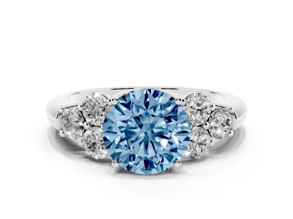 Fancy Blue Round Cut Cut Diamond Cluster Ring with Round Accent Stones and Prong Setting on a Classic Band White gold