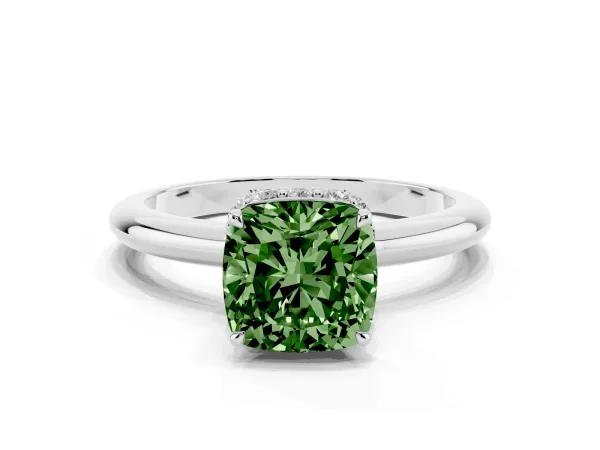 Fancy Green Cushion Cut Brilliant Solitaire Engagement Ring with Six-Prong Setting and Classic Band Platinum