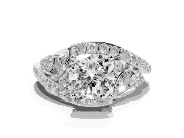 Cushion Cut Diamond Halo Ring with Marquise and Pavé Band in Prong Setting White gold