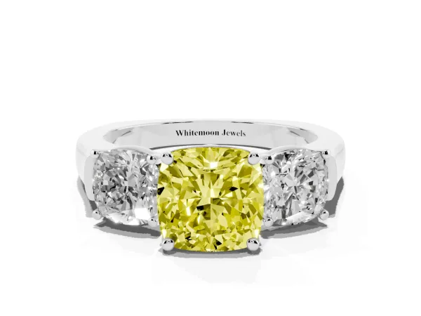Fancy Yellow Three-Stone Cushion Cut Brilliant Diamond Trellis Ring with Comfort Fit Band Platinum