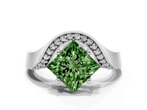 Fancy Green Princess Cut Solitaire Diamond Engagement Ring with Pave Band and Four-Prong Setting Platinum
