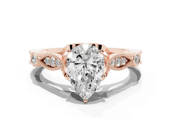 Pear Cut Cut Diamond with Milgrain Marquise and Bezel Accents on a Solitaire Band with Prong Setting Rose gold