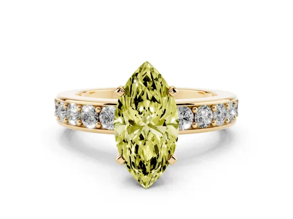 Fancy Yellow Marquise Cut Diamond Engagement Ring with Channel Set Round Band and Prong Setting Yellow gold