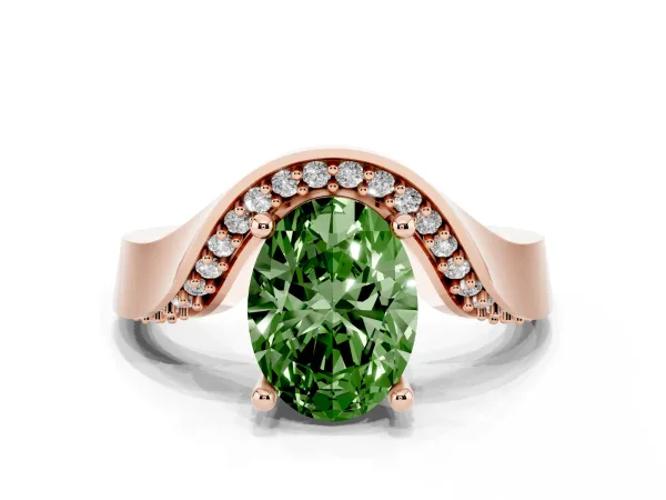 Fancy Green Oval Cut Solitaire Diamond Engagement Ring with Pave Band and Four-Prong Setting Rose gold