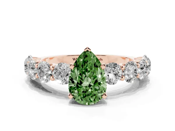 Fancy Green Pear Cut Diamond Prong Setting with Side Stones on a Pave Band Rose gold