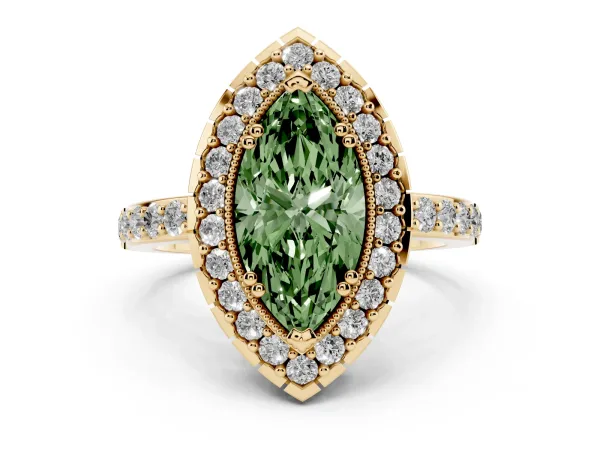 Fancy Green Marquise Cut Diamond Halo Ring with Pavé Band and Prong Setting Yellow gold