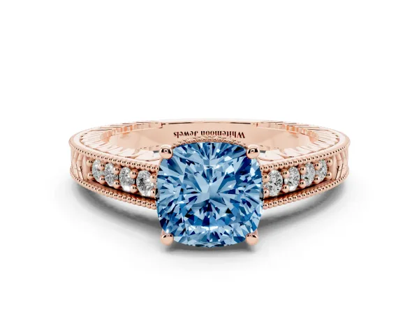 Fancy Blue Cushion Cut Solitaire Pavé Diamond Milgrain Engagement Ring with Four-Prong Setting Rose gold
